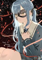 Rule 34 | 1girl, bang dream!, bang dream! it&#039;s mygo!!!!!, black mask, black ribbon, blue hair, blue shirt, blue skirt, closed mouth, commentary request, crying, dated, domino mask, hair ribbon, hand on own chest, happy birthday, highres, long hair, long sleeves, mask, me a (r party428), plaid, plaid skirt, pleated skirt, red ribbon, ribbon, sailor collar, shirt, skirt, solo, togawa sakiko, two side up, white sailor collar, yellow eyes
