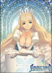 Rule 34 | 1girl, absurdres, blonde hair, blue eyes, breasts squeezed together, breasts, clalaclan philias, cleavage, cross, crown, earrings, highres, jewelry, large breasts, long hair, necklace, sega, shield, shining (series), shining wind, solo, tony taka, very long hair