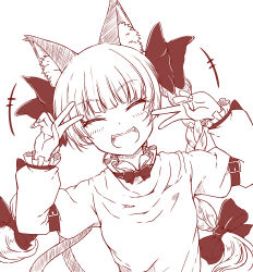 Rule 34 | +++, 1girl, :d, animal ear fluff, animal ears, arm belt, blunt bangs, blush, bow, braid, cat ears, cat tail, double v, fangs, fingernails, flat chest, frills, hair bow, hair ribbon, happy, juliet sleeves, kaenbyou rin, long hair, long sleeves, monochrome, multiple tails, nekomata, open mouth, puffy sleeves, ribbon, simple background, smile, solo, tail, tamasan, teeth, touhou, tress ribbon, twin braids, twintails, two tails, upper body, upper teeth only, v, v over eye, very long hair, white background