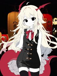 Rule 34 | 1girl, ahoge, black dress, black eyes, black thighhighs, bow, bowtie, buttons, collared shirt, cowboy shot, double-parted bangs, dress, earrings, empty eyes, hair intakes, head wings, highres, jewelry, lantern, long hair, looking at viewer, mochu (aoishikabane), original, paper lantern, parted lips, photo background, red bow, red bowtie, shirt, sidelocks, solo, standing, tail, thighhighs, tsurime, very long hair, white hair, white shirt, wings, zettai ryouiki