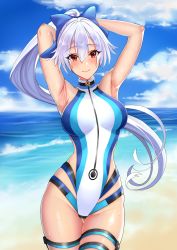 Rule 34 | 1girl, absurdres, armpits, arms behind head, arms up, artist request, beach, blue bow, blue one-piece swimsuit, blue sky, blush, bow, breasts, commentary request, competition swimsuit, day, fate/grand order, fate (series), hair between eyes, hair bow, highleg, highleg swimsuit, highres, large breasts, long hair, looking at viewer, ocean, one-piece swimsuit, outdoors, ponytail, red eyes, silver hair, sky, smile, solo, swimsuit, thighs, tomoe gozen (fate), tomoe gozen (swimsuit saber) (fate), tomoe gozen (swimsuit saber) (first ascension) (fate), two-tone swimsuit, w-y, white one-piece swimsuit