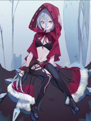 Rule 34 | 1girl, :q, arms at sides, asymmetrical legwear, black bra, black footwear, black legwear, bra, breasts, claw (weapon), cloak, closed mouth, commentary request, full body, fur trim, grey hair, hair between eyes, highres, hood, hood up, hooded cloak, knees together feet apart, long bangs, looking at viewer, mismatched legwear, navel, original, red cloak, red eyes, red hood, red ribbon, ribbon, short hair, sitting, small breasts, solo, tokiwata soul, tongue, tongue out, underwear, weapon