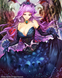 Rule 34 | 1girl, bare shoulders, breasts, cleavage, dress, elbow gloves, flower, gloves, jewelry, large breasts, long hair, necklace, original, petals, purple hair, smile, solo, suoni (deeperocean)