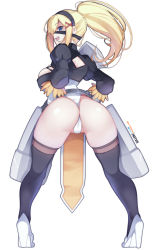 Rule 34 | 1girl, arched back, armor, artist name, ass, back cutout, black blindfold, black gloves, blindfold, blue eyes, breasts, clothing cutout, commentary, cosplay, darkness (konosuba), english commentary, from behind, full body, gloves, hair ornament, high heels, high ponytail, highleg, highleg leotard, highres, hot vr, juliet sleeves, kono subarashii sekai ni shukufuku wo!, large breasts, legs apart, leotard, long hair, long sleeves, looking at viewer, looking back, open mouth, parted bangs, patreon logo, patreon username, pixiv logo, profile, puffy sleeves, simple background, skindentation, smile, solo, standing, teeth, thighhighs, thighs, turtleneck, upper teeth only, wedgie, white background, white leotard, x hair ornament, 2b (nier:automata), 2b (nier:automata) (cosplay)
