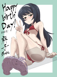 Rule 34 | 1girl, absurdres, bangs, bikini, black hair, blush, border, breasts, brown eyes, character name, closed mouth, commentary, dated, english text, from below, front-tie bikini top, front-tie top, frown, girls und panzer, green border, grey footwear, hairband, half-closed eyes, happy birthday, highres, long hair, looking at viewer, moto toshi, red bikini, reizei mako, sandals, side-tie bikini bottom, sitting, small breasts, solo, sweat, swimsuit, transparent seat, v, white hairband