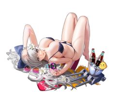 Rule 34 | 1girl, animal, azur lane, bare shoulders, barefoot, bikini, bird, blue bow, blush, bottle, bow, bracelet, breasts, camera, cleavage, flower, full body, glass bottle, grey eyes, hair bow, hair flower, hair ornament, highres, holding, holding camera, ice, ice bucket, jewelry, knees up, large breasts, long hair, looking at viewer, lying, manjuu (azur lane), mouth hold, official art, on back, smile, soda bottle, sunglasses, swimsuit, thighs, transparent background, tree, turret, very long hair, vittorio veneto (azur lane), vittorio veneto (the flower of la spezia) (azur lane), white flower, yunsang