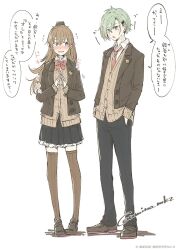 Rule 34 | 1boy, 1girl, black skirt, blush, bow, bowtie, brown hair, brown thighhighs, cardigan, collared shirt, commentary request, flying sweatdrops, full body, genderswap, genderswap (ftm), green hair, hair between eyes, hair ornament, hairclip, hands in pockets, highres, jacket, kantai collection, kumano (kancolle), long hair, long sleeves, necktie, own hands together, pants, pleated skirt, red bow, red bowtie, red necktie, school uniform, shirt, shoes, side ponytail, simple background, skirt, speech bubble, standing, suzuya (kancolle), thighhighs, translation request, twitter username, umino mokuzu (shizumisou), white background, white shirt