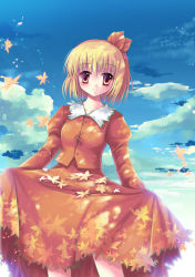 Rule 34 | 1girl, aki shizuha, autumn leaves, bad id, bad pixiv id, blonde hair, blush, breasts, buttons, clothes lift, cloud, cloudy sky, collar, collarbone, collared shirt, cowboy shot, day, female focus, hair ornament, juliet sleeves, leaf, leaf hair ornament, leaf print, long sleeves, looking at viewer, maple leaf, orange eyes, orange shirt, orange skirt, puffy sleeves, red eyes, shirt, short hair, skirt, skirt basket, skirt lift, sky, solo, sousouman, touhou, white collar
