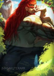 Rule 34 | 1boy, arm tattoo, ass, bara, bathing, beard, biting, earrings, forest, from behind, ganondorf, highres, huge eyebrows, jewelry, lake, long hair, looking at viewer, looking back, male focus, masakuterarr, mature male, muscular, muscular male, nail biting, nature, nintendo, nude, partially submerged, pointy ears, red hair, solo, sunlight, tattoo, the legend of zelda, the legend of zelda: tears of the kingdom, thick beard, wet, wet hair