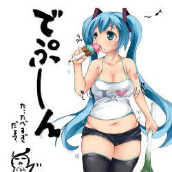 Rule 34 | 1girl, black thighhighs, blue eyes, blue hair, breasts, camisole, check translation, cleavage, denim, denim shorts, eating, fat, food, hatsune miku, hip focus, ice cream, imazon, large breasts, long hair, matching hair/eyes, midriff, navel, panties, plump, short shorts, shorts, side-tie panties, solo, spring onion, thighhighs, thighs, translated, translation request, twintails, underwear, vocaloid, wide hips