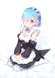 Rule 34 | 10s, 1girl, absurdres, apron, bed sheet, blue eyes, blue hair, breasts, chilunchilun, cleavage, detached collar, detached sleeves, dress, frilled dress, frills, hair ornament, hair over one eye, hands on own knees, highres, looking at viewer, maid, maid apron, maid headdress, matching hair/eyes, medium breasts, on bed, re:zero kara hajimeru isekai seikatsu, rem (re:zero), ribbon-trimmed sleeves, ribbon trim, seiza, shadow, short hair, sitting, smile, solo, thighhighs, underbust, white thighhighs, x hair ornament