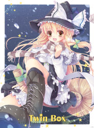 Rule 34 | 1girl, bad id, bad pixiv id, blonde hair, bloomers, boots, bow, braid, broom, broom riding, cover, cover page, cross-laced footwear, female focus, hair bow, hat, highres, kirisame marisa, lace-up boots, long hair, open mouth, perfect cherry blossom, ribbon, scarf, snow, solo, sousouman, star (symbol), striped clothes, striped scarf, touhou, underwear, witch, witch hat, yellow eyes