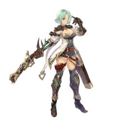 Rule 34 | 1girl, aqua eyes, arm up, belt, belt buckle, boots, breasts, buckle, cleavage, closed mouth, coat, full body, green hair, gun, hair over one eye, highres, holding, holding gun, holding weapon, holster, large breasts, medium breasts, original, pouch, prosthesis, prosthetic arm, short hair, simple background, solo, sookmo, standing, thigh holster, weapon, white background, white coat