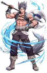 Rule 34 | 1boy, abs, absurdres, animal ears, axe, belt, black gloves, black hair, black pants, black thighhighs, blue eyes, boots, full body, gatz (teria saga), gloves, hand on own hip, highres, holding, holding axe, looking at viewer, male focus, midriff, muscular, official art, over shoulder, pants, scar, scar on face, scar on nose, solo, spiked hair, standing, tail, teria saga, thighhighs, water, white background, wolf ears, wolf tail