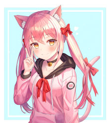 Rule 34 | 1girl, animal ear fluff, animal ears, bell, black choker, blue background, blush, bow, brown eyes, cat ears, cat girl, cat tail, choker, closed mouth, collarbone, commentary request, drawstring, fang, fang out, funii, hair between eyes, hair bow, hand up, heart, highres, hood, hood down, hoodie, jingle bell, long hair, long sleeves, looking at viewer, original, pink hair, pink hoodie, red bow, smile, solo, tail, tail bow, tail ornament, tail raised, twintails, two-tone background, upper body, v, very long hair, white background, yellow eyes