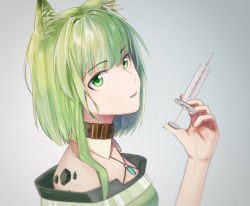 Rule 34 | 1girl, animal ear fluff, animal ears, arknights, bare shoulders, chinese commentary, commentary request, detached collar, dress, fire/r, gradient background, green dress, green eyes, green hair, grey background, hand up, head tilt, highres, holding, holding syringe, kal&#039;tsit (arknights), looking at viewer, material growth, off-shoulder dress, off shoulder, oripathy lesion (arknights), parted lips, partial commentary, short hair, smile, solo, syringe, upper body
