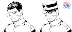 Rule 34 | 1boy, bad id, bad pixiv id, black eyes, black hair, buttons, closed mouth, collar, collared jacket, commentary request, eyepatch, facial hair, facial scar, golden kamuy, greyscale, gun, hair slicked back, hair strand, hat, highres, imperial japanese army, jacket, kepi, looking at viewer, male focus, military, military hat, military uniform, monochrome, ogata hyakunosuke, scar, scar on cheek, scar on face, short hair, simple background, spot color, star (symbol), stubble, tetsuko gk, undercut, uniform, upper body, watermark, weapon, white background