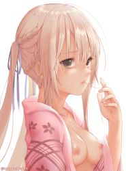 Rule 34 | 1girl, ahoge, blonde hair, blue ribbon, braid, breasts, breasts out, brown eyes, collarbone, expressionless, floral print, french braid, hair in own mouth, hair ribbon, hand up, highres, lips, long hair, long sleeves, looking at viewer, looking to the side, medium breasts, nipples, no bra, open clothes, original, parted lips, ribbon, simple background, solo, twintails, upper body, white background, wide sleeves, zhaofeng yinyue