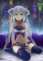Rule 34 | 1girl, ahoge, animal ears, bad id, bad pixiv id, bandeau, bare shoulders, bed sheet, between legs, blue thighhighs, breasts, cat ears, crop top, full body, green eyes, hair between eyes, hand between legs, highres, indoors, jewelry, large breasts, leaning forward, loincloth, long hair, looking at viewer, midriff, miyakura shiiha, navel, on bed, original, parted lips, pillow, silver hair, sitting, smile, solo, star (symbol), thighhighs, wariza