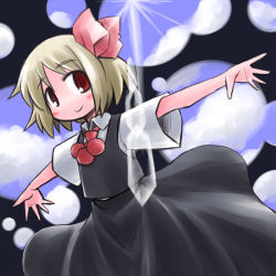 Rule 34 | 1girl, blonde hair, female focus, kugelschreiber, looking at viewer, outstretched arms, red eyes, rumia, short hair, sky, smile, solo, touhou