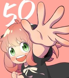 Rule 34 | 1girl, :d, anya (spy x family), asano kyouji, black dress, blush, child, commentary request, dress, from above, green eyes, hairpods, highres, long hair, looking at viewer, official art, open mouth, pink background, pink hair, simple background, smile, solo, spy x family