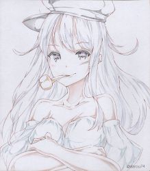 Rule 34 | 1girl, bare shoulders, blush, breasts, closed mouth, darou74, dress, facial scar, flat cap, gangut (kancolle), hair between eyes, hat, highres, kantai collection, long hair, looking at viewer, medium breasts, muted color, no bra, peaked cap, pipe in mouth, purple eyes, scar, scar on cheek, scar on face, silver hair, simple background, smoking pipe, solo, upper body, white background