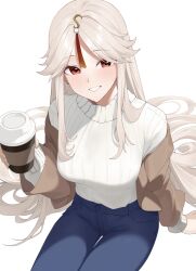 Rule 34 | 1girl, :d, blue pants, blush, breasts, brown jacket, coffee cup, contemporary, cup, denim, disposable cup, genshin impact, grey hair, hair ornament, highres, holding, holding cup, jacket, jeans, long hair, looking at viewer, medium breasts, ningguang (genshin impact), open mouth, pants, raian (adji213), ribbed sweater, sidelocks, simple background, sitting, smile, solo, sweater, tassel, tassel hair ornament, very long hair, white background, white sweater