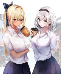 Rule 34 | 2girls, absurdres, alternate costume, bad id, bad pixiv id, blonde hair, blue skirt, blurry, blurry background, blush, bow, braid, breast hold, breasts, bubble tea, button gap, casual, collared shirt, commentary, cowboy shot, dark-skinned female, dark skin, drink, drinking, drinking straw, eyelashes, green eyes, hair between eyes, hair bow, hairband, highres, holding, holding drink, hololive, large breasts, long hair, looking at viewer, medium hair, multicolored hair, multiple girls, nanashinayuzu mochi, parted lips, photo background, pleated skirt, pointy ears, ponytail, red eyes, shiranui flare, shirogane noel, shirt, short sleeves, skirt, streaked hair, two-tone hair, virtual youtuber, white hair, white shirt, wing collar