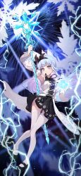 Rule 34 | 1girl, absurdres, arm up, black dress, black footwear, black hairband, black ribbon, blue eyes, blue hair, closed mouth, colored inner hair, detached sleeves, dress, frown, hairband, highres, holding, holding staff, juliet sleeves, light blue hair, lightning, long hair, long sleeves, magician (ice lightning), maplestory, mary janes, multicolored hair, pink hair, puffy sleeves, ribbon, shoes, skindentation, solo, split mouth, staff, thighhighs, thighs, two-tone hair, white sleeves, white thighhighs, zonunoll