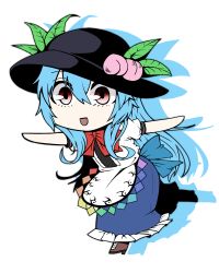 Rule 34 | 1girl, :d, absurdres, black hat, blue hair, blue skirt, boots, bow, bowtie, brown footwear, chibi, commentary request, food, frilled skirt, frills, fruit, full body, hair between eyes, hat, hat leaf, high heel boots, high heels, highres, hinanawi tenshi, kakegami, long hair, looking at viewer, open mouth, outstretched arms, peach, puffy short sleeves, puffy sleeves, rainbow order, red bow, red bowtie, red eyes, running, shirt, short sleeves, silhouette, skirt, smile, solo, spread arms, touhou, white background, white shirt