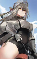 Rule 34 | 1girl, arknights, black shorts, blue sky, breasts, brown eyes, closed mouth, cloud, commentary request, day, fartooth (arknights), gauntlets, gomago magoma, grey hair, hair between eyes, high-waist shorts, highres, holding, long hair, medium breasts, outdoors, short shorts, shorts, sky, solo, thighs, visor (armor)