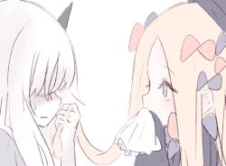 Rule 34 | 2girls, abigail williams (fate), black bow, black hat, blonde hair, blue eyes, blush, bow, closed mouth, covered mouth, eye contact, fate/grand order, fate (series), from side, grabbing another&#039;s hair, hair bow, hair over eyes, handkerchief, hat, holding, horns, lavinia whateley (fate), long hair, looking at another, multiple girls, orange bow, profile, ruten (onakasukusuku), simple background, single horn, sweat, wavy mouth, white background, white hair