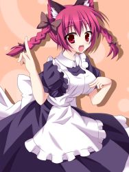 Rule 34 | 1girl, alternate costume, animal ears, apron, bad id, bad pixiv id, blush, braid, breasts, cat ears, cat girl, enmaided, fang, female focus, hair ribbon, highres, kaenbyou rin, kuromari (runia), large breasts, maid, maid apron, open mouth, pointing, pointing up, red eyes, red hair, ribbon, solo, touhou, twin braids