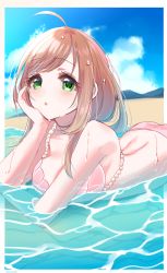 Rule 34 | 1girl, :o, ahoge, ass, bare arms, bare shoulders, beach, bikini, blue sky, blush, breasts, brown hair, cloud, day, green eyes, hand on own cheek, hand on own face, head rest, highres, idolmaster, idolmaster cinderella girls, large breasts, long hair, looking at viewer, lying, misumi (macaroni), ocean, on stomach, outdoors, partially submerged, pink bikini, sand, sato shin, sky, solo, swimsuit, water, wet