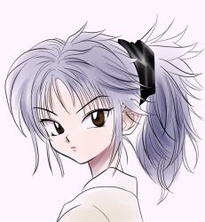 Rule 34 | 1girl, blue hair, brown eyes, expressionless, hiiragi 0404, hunter x hunter, long hair, looking at viewer, machi komacine, ponytail, portrait, simple background, solo, upper body, white background