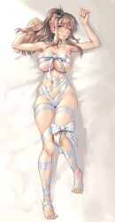 Rule 34 | 1girl, barefoot, bed sheet, blue eyes, blush, breasts, brown hair, commission, full body, hair between eyes, highres, kantai collection, kokuzou, large breasts, long hair, mummy costume, navel, one eye closed, open mouth, saratoga (kancolle), side ponytail, skeb commission, smile, solo, toes