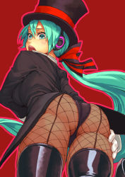 Rule 34 | 1girl, aqua eyes, aqua hair, ass, bent over, black panties, black pantyhose, blush, bow, coattails, cowboy shot, fishnet pantyhose, fishnets, from behind, garter straps, gloves, hair between eyes, hair bow, hat, hat ribbon, hatsune miku, headphones, huge ass, long hair, long sleeves, looking at viewer, looking back, low ponytail, magician, open mouth, outline, panties, pantyhose, ribbon, solo, tailcoat, thighhighs, top hat, underwear, very long hair, vocaloid, white gloves, yuuji (and)