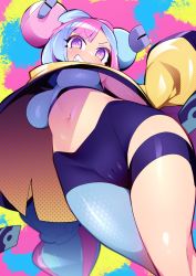 Rule 34 | abarai (abarabone), blush, bow-shaped hair, breasts, cameltoe, character hair ornament, creatures (company), from below, game freak, grin, hair ornament, hexagon print, highres, iono (pokemon), long hair, low-tied long hair, medium breasts, navel, nintendo, oversized clothes, pokemon, pokemon sv, sharp teeth, shirt, sleeveless, sleeveless shirt, sleeves past fingers, sleeves past wrists, smile, teeth, very long sleeves, x