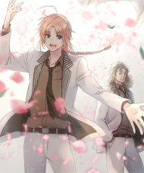 Rule 34 | 2boys, :d, abuto, arm up, belt, blue eyes, blurry, blurry foreground, braid, braided ponytail, brown hair, brown neckwear, brown shirt, cherry blossoms, collared shirt, da raku, dress shirt, floating hair, gintama, hand in pocket, highres, jacket, kamui (gintama), long hair, looking at viewer, male focus, multiple boys, open clothes, open jacket, open mouth, outstretched arm, pants, ponytail, shirt, single braid, smile, standing, white jacket, white pants, wing collar