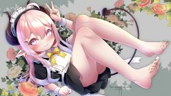 Rule 34 | 1girl, absurdres, ahoge, apron, arm up, artist name, ass, bare legs, barefoot, black dress, blush, chinese commentary, clenched hand, collared dress, commentary request, dated, demon girl, demon horns, demon tail, dress, ear piercing, floral background, full body, hair between eyes, hair ornament, hairclip, highres, horns, karv, legs up, long hair, looking at viewer, lying, maid headdress, multicolored eyes, multicolored nails, nail art, nail polish, necktie, on back, original, parted lips, piercing, pink eyes, pink hair, pointy ears, puffy short sleeves, puffy sleeves, short sleeves, signature, smile, solo, tail, toenail polish, toenails, toes, v, white apron, wrist cuffs, yellow necktie