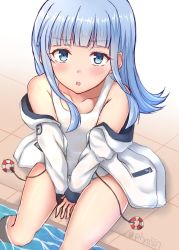 Rule 34 | 1girl, blue eyes, blue hair, blunt bangs, commentary request, cowboy shot, drawstring, flat chest, from above, hatsukaze (kancolle), hood, hooded jacket, hoodie, jacket, kantai collection, long hair, looking at viewer, one-piece swimsuit, piyobomu, poolside, school swimsuit, sitting, soaking feet, solo, swimsuit, v arms, white jacket, white one-piece swimsuit