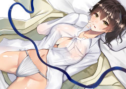 Rule 34 | 1girl, breasts, brown eyes, brown hair, buttons, cleavage, collared shirt, covered erect nipples, fundoshi, hair between eyes, highres, japanese clothes, kaga (kancolle), kantai collection, large breasts, long sleeves, navel, no bra, open mouth, pocket, shirt, short hair, side ponytail, solo, suika (atelier-yuu), white shirt
