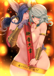 Rule 34 | 2girls, aqua eyes, arm guards, armlet, blue eyes, blush, breast press, breasts, character request, choker, fireflies, gloves, gold, grey gloves, grey hair, hair ornament, highres, hug, large breasts, league of legends, lips, long hair, looking at viewer, lunar empress lux, lux (league of legends), multiple girls, nose blush, nude, parted lips, pd (pdpdlv1), skindentation, sweetheart xayah, symmetrical docking, xayah
