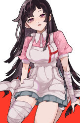 Rule 34 | 1girl, apron, bandaged arm, bandages, black hair, blush, breasts, danganronpa (series), danganronpa 2: goodbye despair, grey apron, highres, large breasts, long hair, looking at viewer, mole, mole under eye, open mouth, pink eyes, pink shirt, pleated skirt, puffy short sleeves, puffy sleeves, red background, shirt, shoes, short sleeves, skirt, smile, solo, teeth, tsumiki mikan, upper teeth only, white background, yuma (yumachansan)