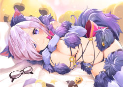 Rule 34 | 1girl, animal ears, bad id, bad pixiv id, bat hair ornament, bed sheet, blush, breasts, closed mouth, crescent, fate/grand order, fate (series), food-themed hair ornament, fur, fur trim, glasses, gloves, hair ornament, hair over one eye, halloween costume, jack-o&#039;-lantern, kimitoshiin, large breasts, looking at viewer, lying, mash kyrielight, mash kyrielight (dangerous beast), navel, official alternate costume, on bed, on side, panties, pillow, pumpkin hair ornament, purple eyes, purple gloves, purple hair, purple thighhighs, smile, solo, tail, thighhighs, underwear, wolf ears, wolf tail