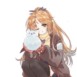 Rule 34 | 1girl, arknights, black thighhighs, brown jacket, feather hair, feet out of frame, forehead, garter straps, gloves, half updo, hansuitianer, highres, holding snowman, jacket, legs together, long hair, long sleeves, looking at viewer, mole, mole under eye, one eye closed, open clothes, open jacket, orange eyes, orange hair, parted bangs, parted lips, pinecone (arknights), ponytail, red gloves, ribbed sweater, sidelocks, simple background, snowman, solo, squatting, sweater, thighhighs, turtleneck, turtleneck sweater, white background, yellow sweater