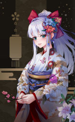 Rule 34 | 1girl, absurdres, blue flower, blunt bangs, chinese commentary, constricted pupils, dot nose, earrings, eyeshadow, fingernails, floral print, flower, forehead, green eyes, hair ornament, hibiscus, high ponytail, highres, holding, indoors, japanese clothes, jewelry, kimono, long bangs, long sleeves, looking at viewer, makeup, original, own hands together, parted lips, pink flower, plant, potted plant, purple hair, qumai79, red flower, sash, seigaiha, shadow, solo, tassel, upper body, white hair, wide sleeves