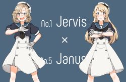 Rule 34 | 1girl, absurdres, black neckwear, black shirt, blonde hair, blue background, blue eyes, blue sailor collar, character name, crossed arms, dress, feet out of frame, gloves, hand on own chest, hand on own hip, hat, highres, janus (kancolle), jervis (kancolle), kantai collection, long hair, looking at viewer, open mouth, parted bangs, sailor collar, sailor dress, sailor hat, shirt, short hair, short sleeves, solo, tamaki., white dress, white gloves, white hat
