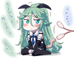 Rule 34 | 10s, 1girl, :&lt;, black thighhighs, cat tail, cat teaser, choker, commentary request, detached sleeves, green eyes, green hair, hair between eyes, hair ornament, hair ribbon, hairclip, hase yu, kantai collection, kemonomimi mode, long hair, matching hair/eyes, pleated skirt, ribbon, school uniform, serafuku, sitting, skirt, solo, tail, text focus, thighhighs, translation request, trembling, wariza, yamakaze (kancolle), zettai ryouiki