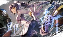 Rule 34 | 1girl, ;d, azur lane, black hair, black pantyhose, bow, breasts, brown eyes, cowboy shot, foreshortening, gloves, hair bow, holding, holding sword, holding weapon, iroia, katana, large breasts, long hair, long sleeves, looking at viewer, military, military uniform, miniskirt, one eye closed, open mouth, pantyhose, pleated skirt, ponytail, skirt, smile, solo, sword, takao (azur lane), uniform, very long hair, weapon, white gloves, white skirt